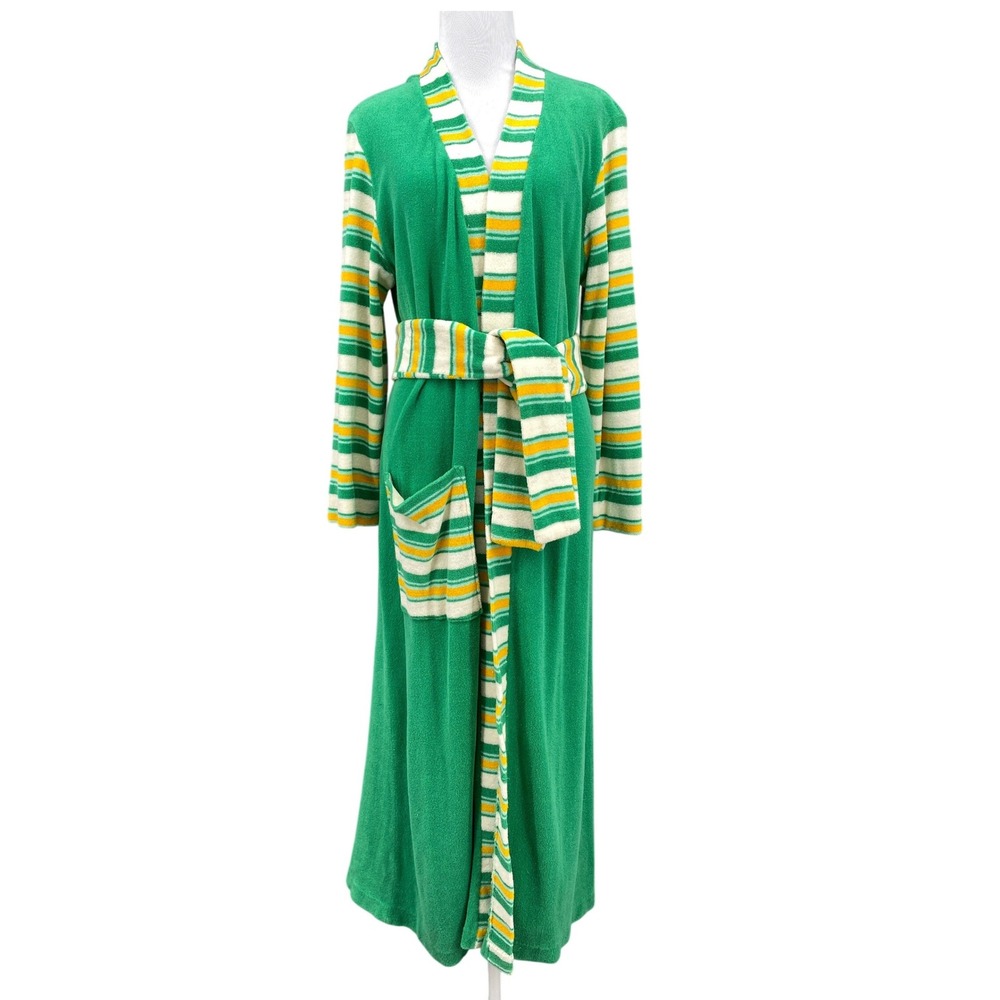 VTG 70s Terry Cloth Robe Green Yellow Striped Maxi Belted Loungewear M-XL Unisex